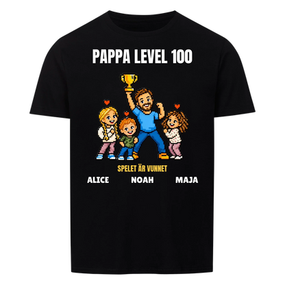 Pappa level 100 t-shirt med ditt foto i pixelstil och barnens namn. Rolig present till pappa