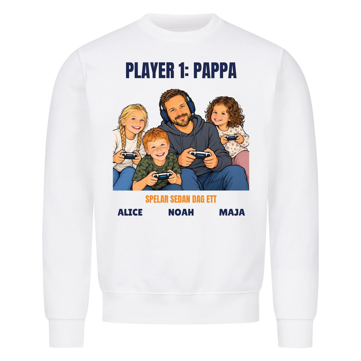 Player 1 pappa t-shirt med ditt foto som tecknad gamer och barnens namn. Rolig present till pappa