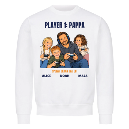 Player 1 pappa t-shirt med ditt foto som tecknad gamer och barnens namn. Rolig present till pappa