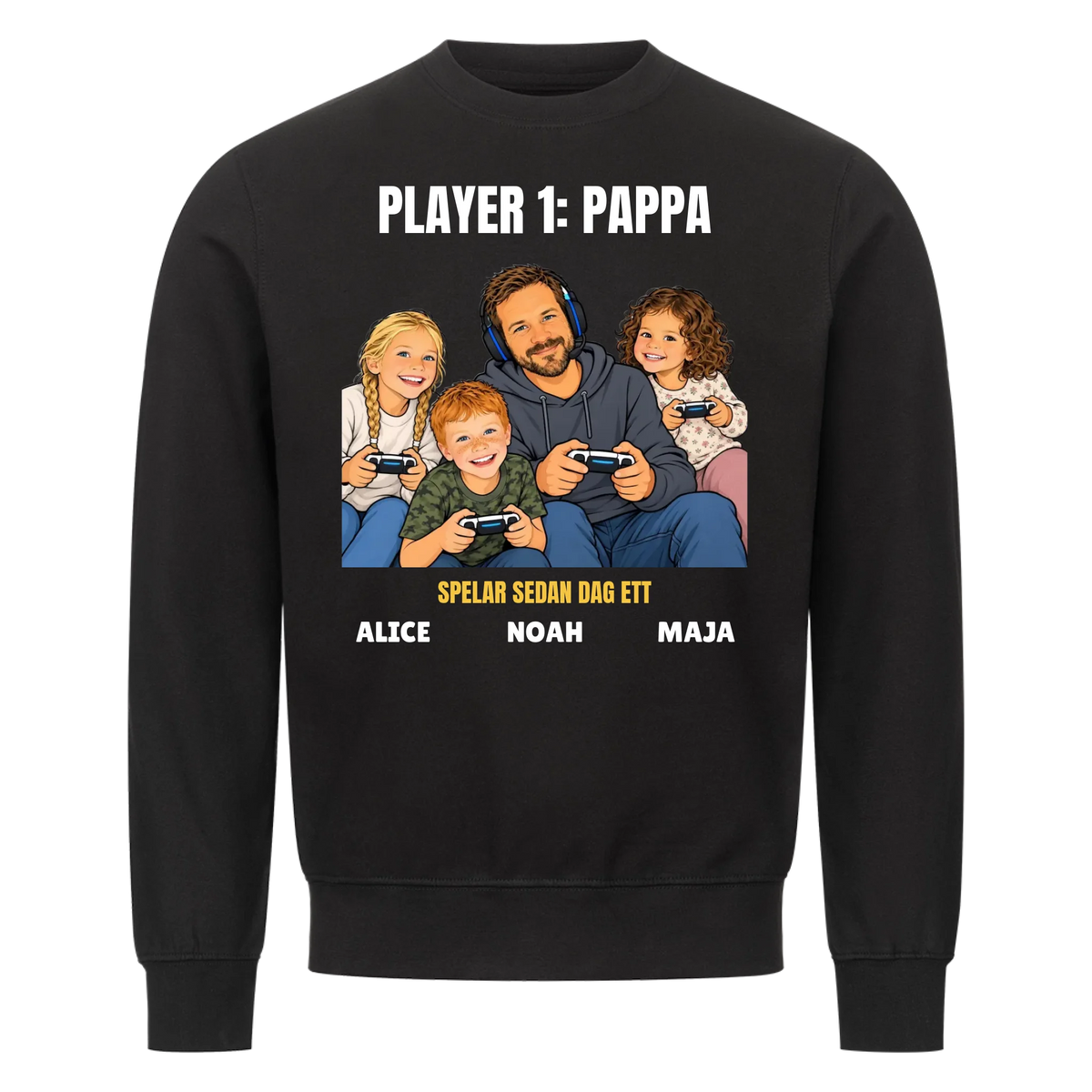Player 1 pappa t-shirt med ditt foto som tecknad gamer och barnens namn. Rolig present till pappa