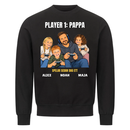 Player 1 pappa t-shirt med ditt foto som tecknad gamer och barnens namn. Rolig present till pappa
