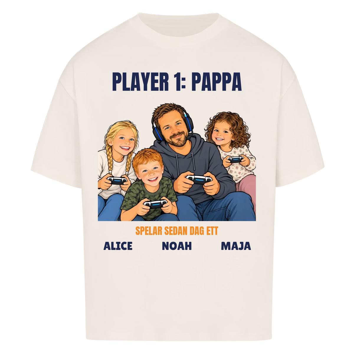 Player 1 pappa t-shirt med ditt foto som tecknad gamer och barnens namn. Rolig present till pappa
