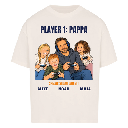 Player 1 pappa t-shirt med ditt foto som tecknad gamer och barnens namn. Rolig present till pappa