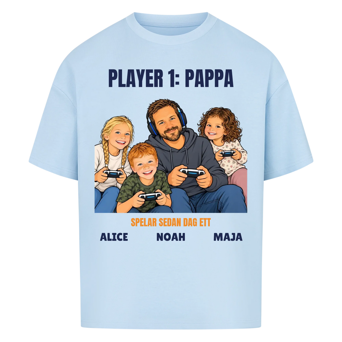 Player 1 pappa t-shirt med ditt foto som tecknad gamer och barnens namn. Rolig present till pappa