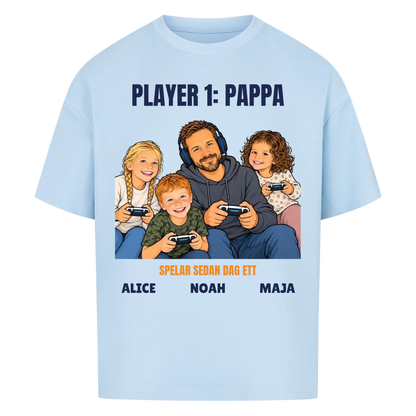 Player 1 pappa t-shirt med ditt foto som tecknad gamer och barnens namn. Rolig present till pappa