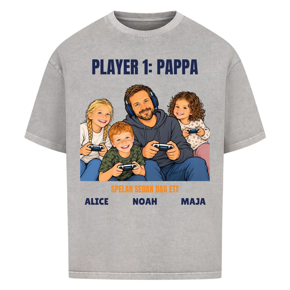 Player 1 pappa t-shirt med ditt foto som tecknad gamer och barnens namn. Rolig present till pappa