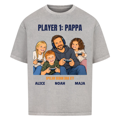 Player 1 pappa t-shirt med ditt foto som tecknad gamer och barnens namn. Rolig present till pappa