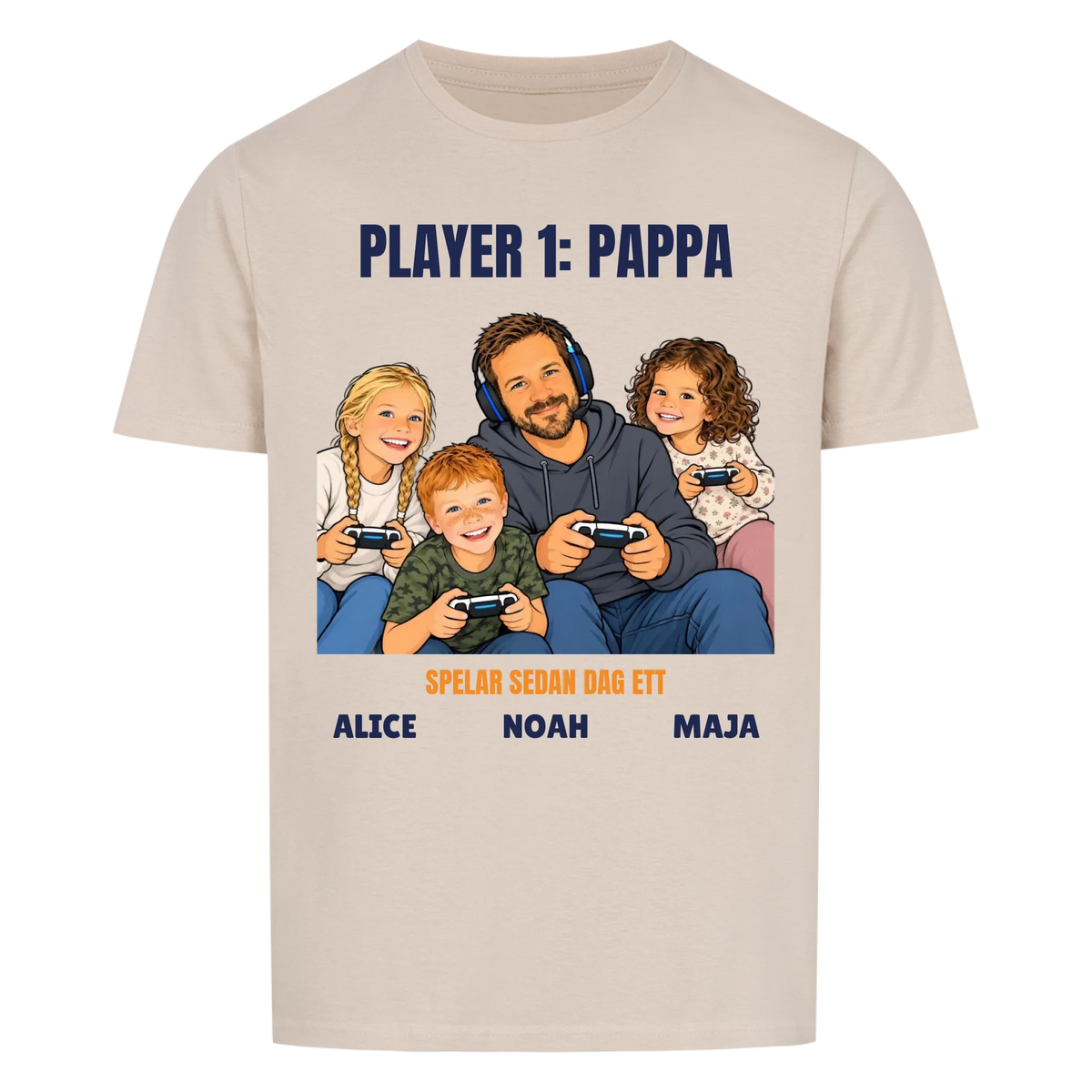 Player 1 pappa t-shirt med ditt foto som tecknad gamer och barnens namn. Rolig present till pappa