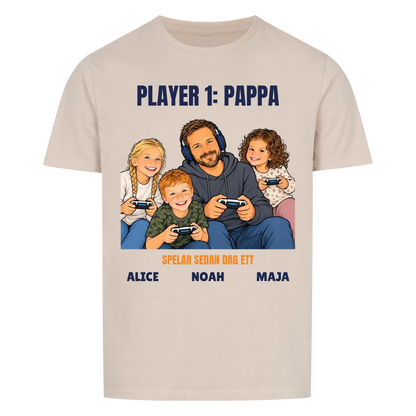 Player 1 pappa t-shirt med ditt foto som tecknad gamer och barnens namn. Rolig present till pappa