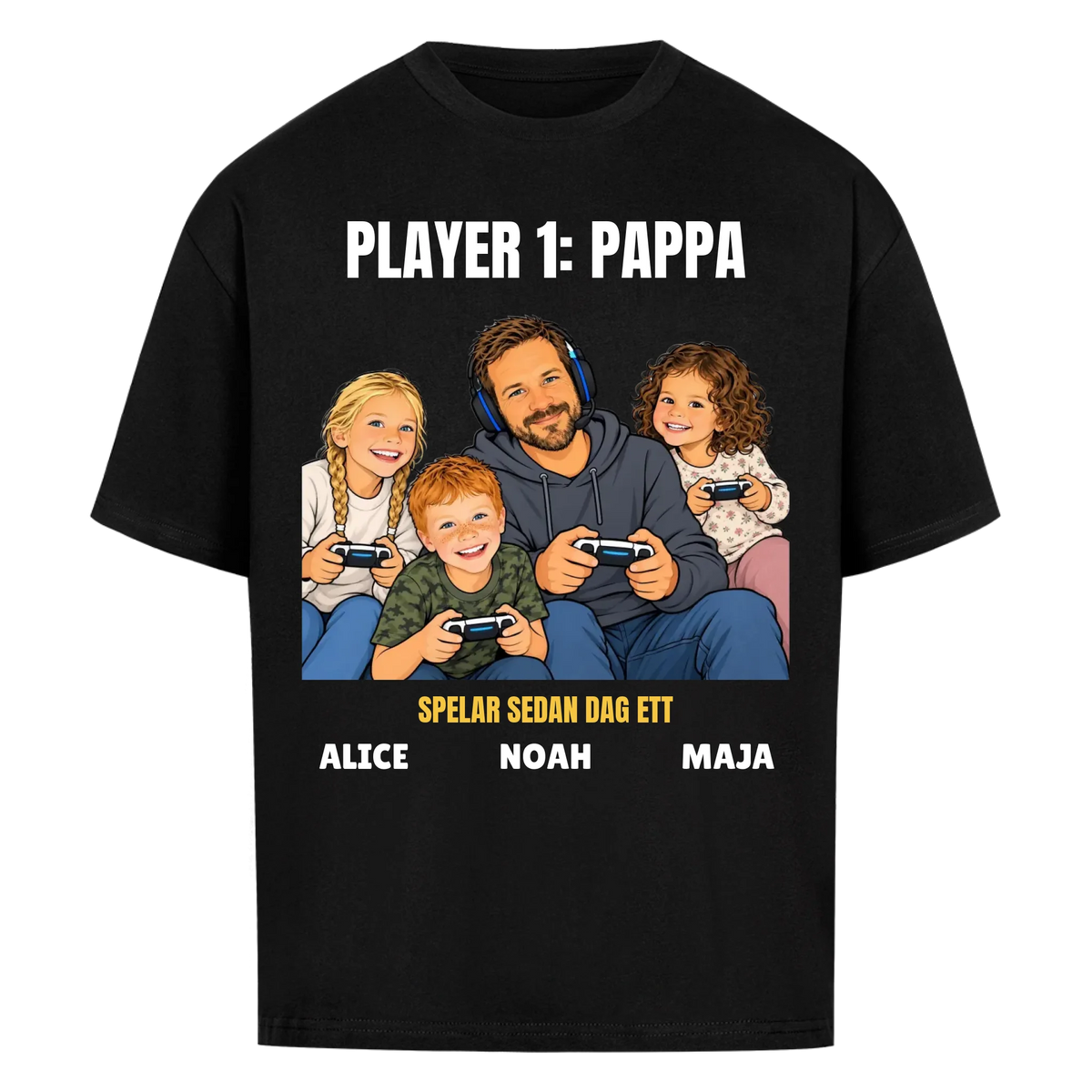 Player 1 pappa t-shirt med ditt foto som tecknad gamer och barnens namn. Rolig present till pappa
