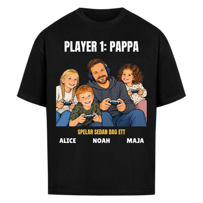 Player 1 pappa t-shirt med ditt foto som tecknad gamer och barnens namn. Rolig present till pappa