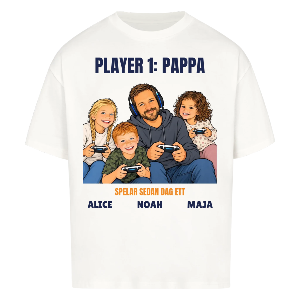 Player 1 pappa t-shirt med ditt foto som tecknad gamer och barnens namn. Rolig present till pappa