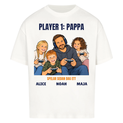 Player 1 pappa t-shirt med ditt foto som tecknad gamer och barnens namn. Rolig present till pappa