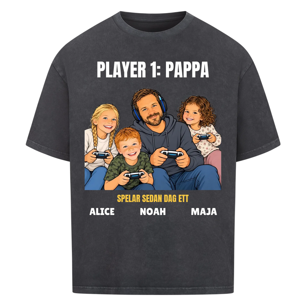 Player 1 pappa t-shirt med ditt foto som tecknad gamer och barnens namn. Rolig present till pappa