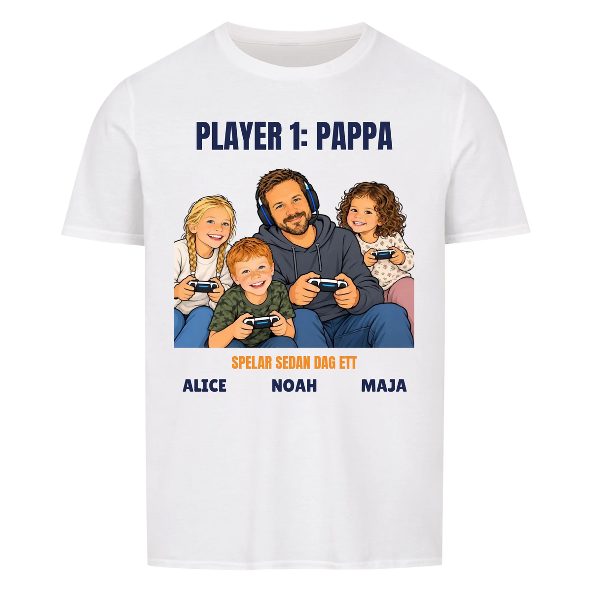 Player 1 pappa t-shirt med ditt foto som tecknad gamer och barnens namn. Rolig present till pappa