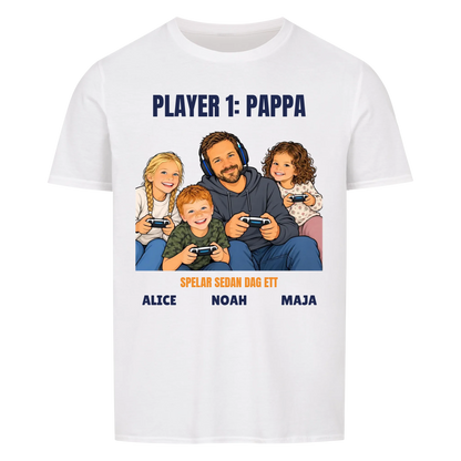 Player 1 pappa t-shirt med ditt foto som tecknad gamer och barnens namn. Rolig present till pappa