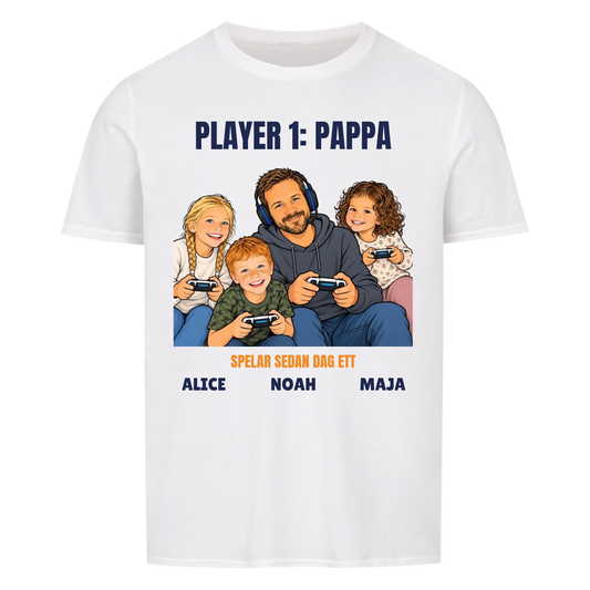 Player 1 pappa t-shirt med ditt foto som tecknad gamer och barnens namn. Rolig present till pappa
