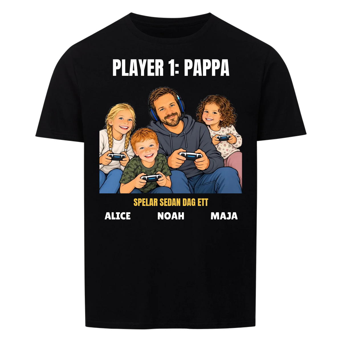Player 1 pappa t-shirt med ditt foto som tecknad gamer och barnens namn. Rolig present till pappa
