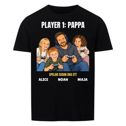 Player 1 pappa t-shirt med ditt foto som tecknad gamer och barnens namn. Rolig present till pappa