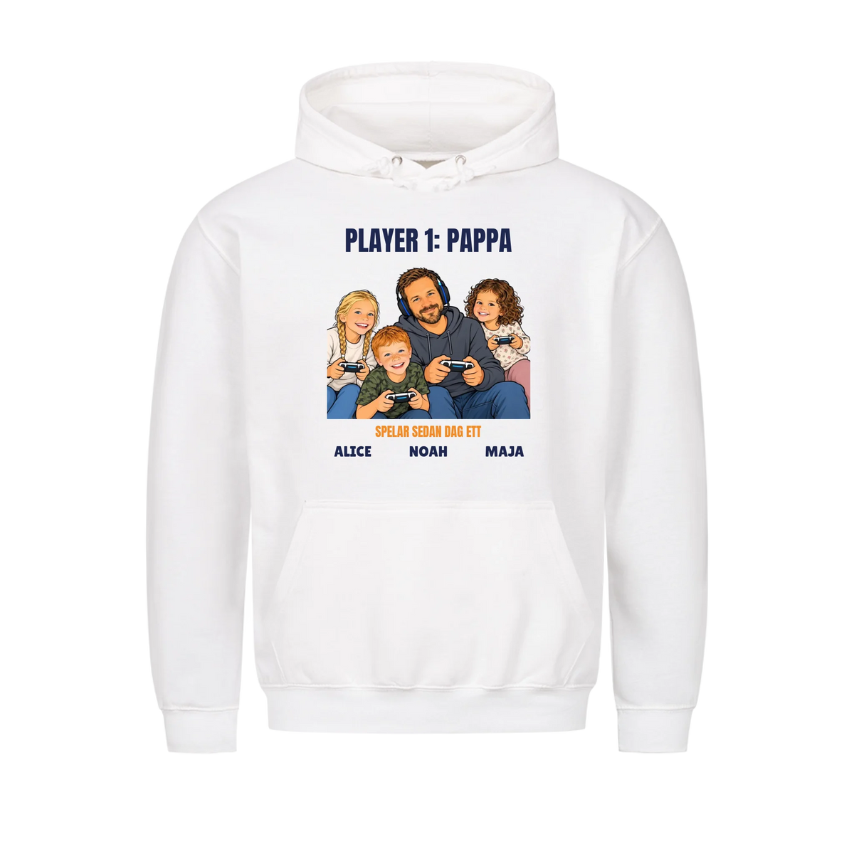 Player 1 pappa t-shirt med ditt foto som tecknad gamer och barnens namn. Rolig present till pappa