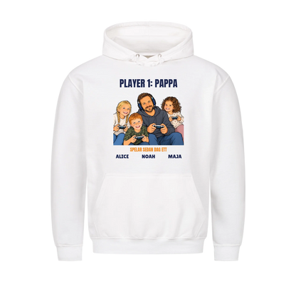 Player 1 pappa t-shirt med ditt foto som tecknad gamer och barnens namn. Rolig present till pappa
