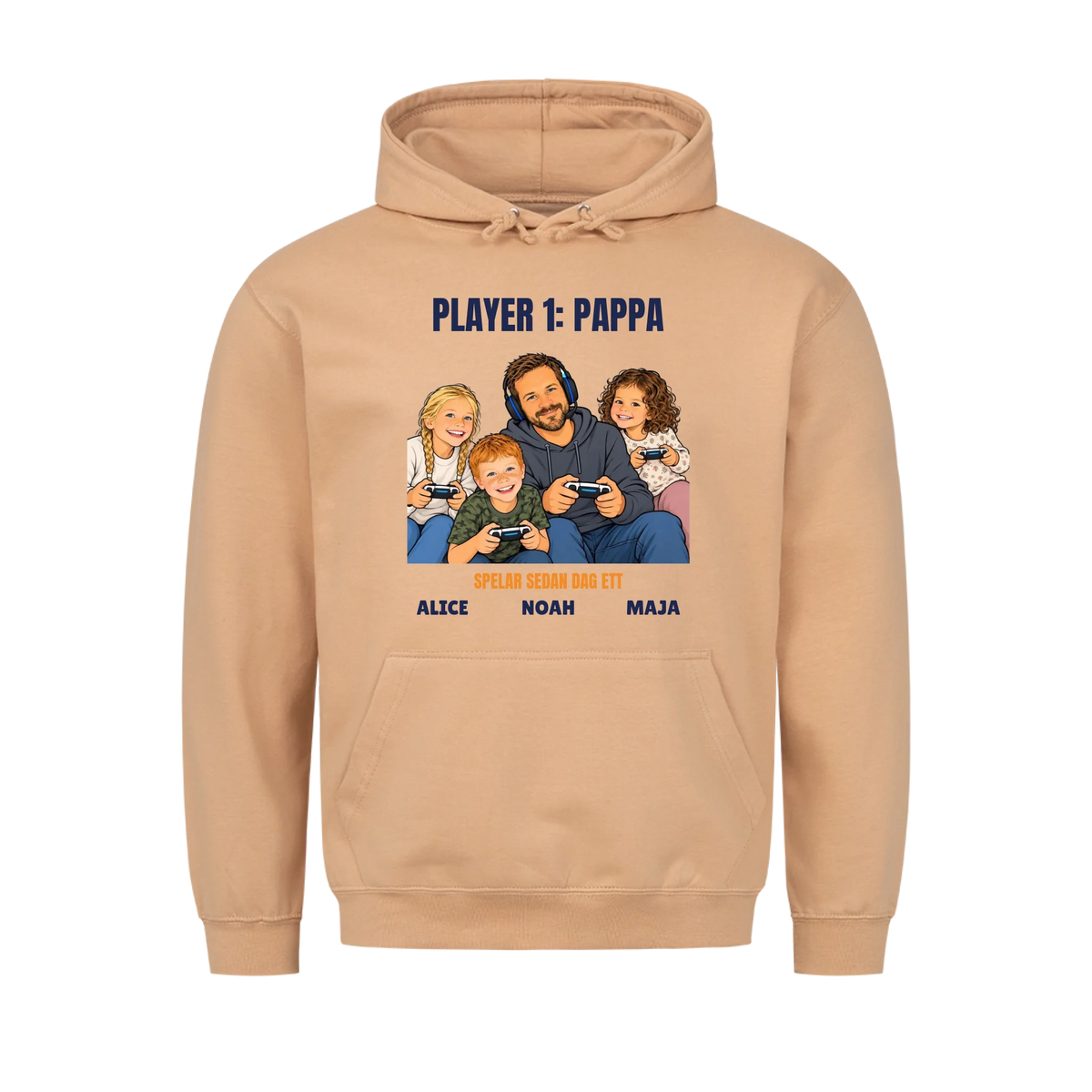 Player 1 pappa t-shirt med ditt foto som tecknad gamer och barnens namn. Rolig present till pappa