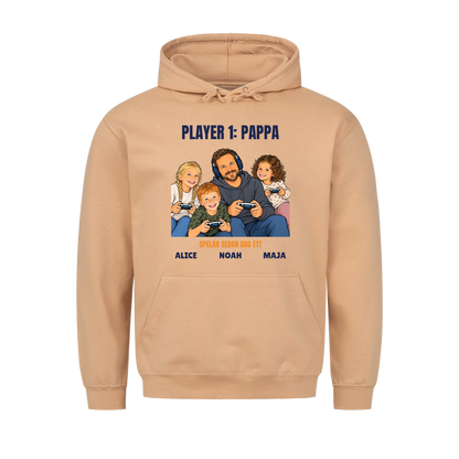 Player 1 pappa t-shirt med ditt foto som tecknad gamer och barnens namn. Rolig present till pappa