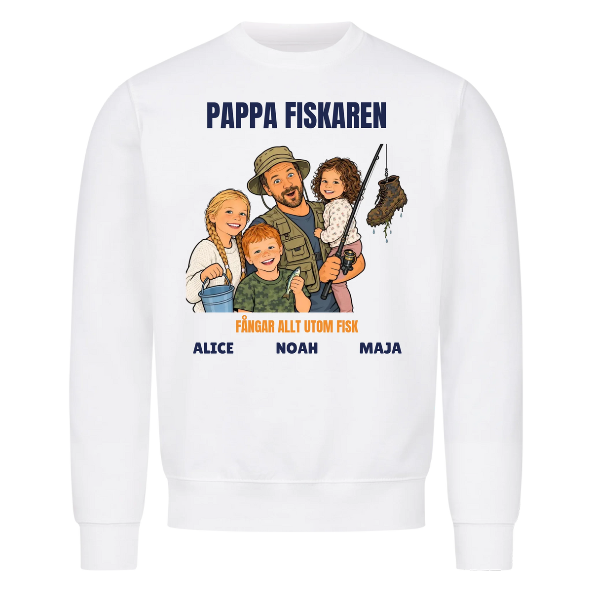 Pappa fiskaren t-shirt med ditt foto som tecknad fiskare och barnens namn. Rolig present till pappa
