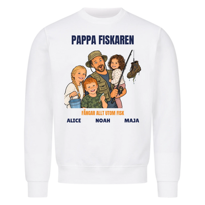 Pappa fiskaren t-shirt med ditt foto som tecknad fiskare och barnens namn. Rolig present till pappa