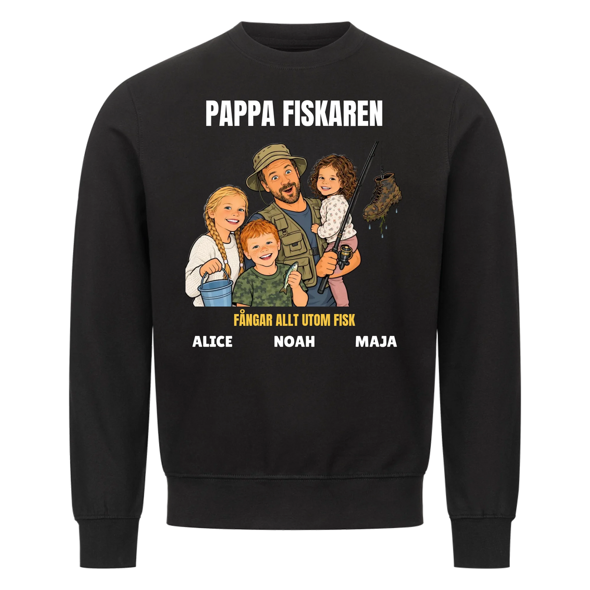 Pappa fiskaren t-shirt med ditt foto som tecknad fiskare och barnens namn. Rolig present till pappa