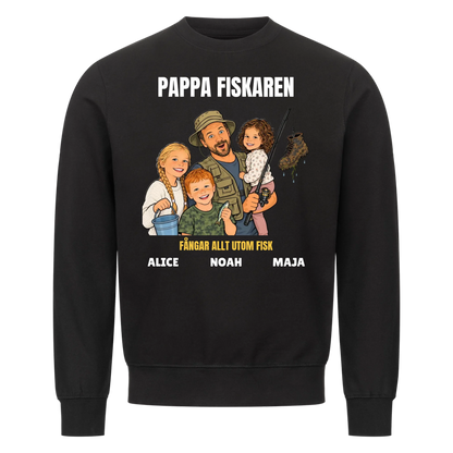 Pappa fiskaren t-shirt med ditt foto som tecknad fiskare och barnens namn. Rolig present till pappa