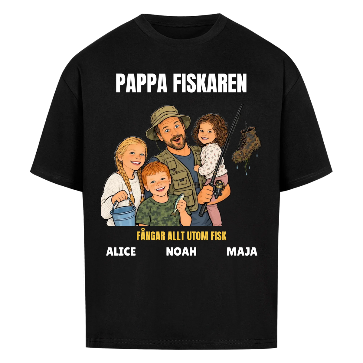 Pappa fiskaren t-shirt med ditt foto som tecknad fiskare och barnens namn. Rolig present till pappa