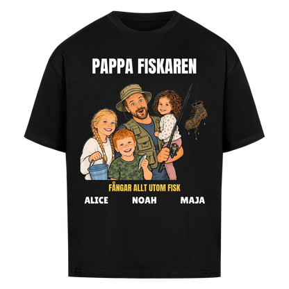 Pappa fiskaren t-shirt med ditt foto som tecknad fiskare och barnens namn. Rolig present till pappa