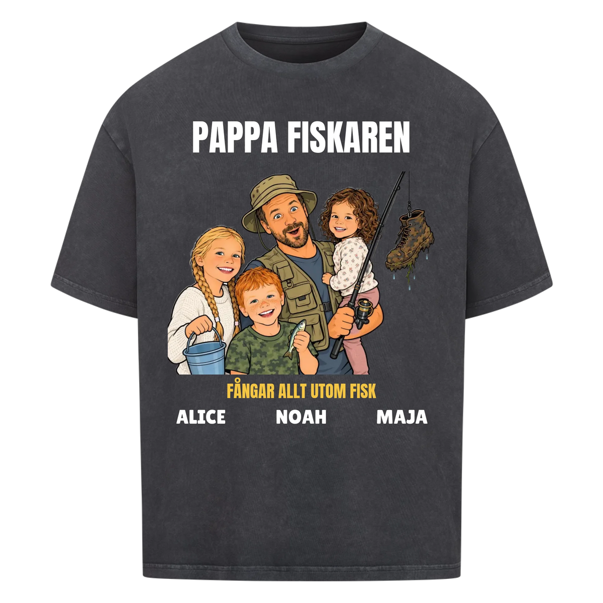 Pappa fiskaren t-shirt med ditt foto som tecknad fiskare och barnens namn. Rolig present till pappa