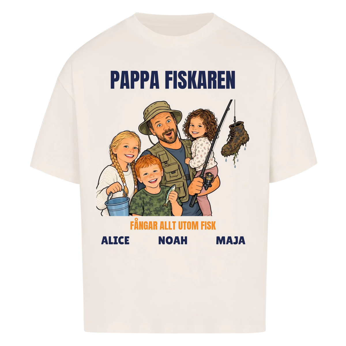 Pappa fiskaren t-shirt med ditt foto som tecknad fiskare och barnens namn. Rolig present till pappa