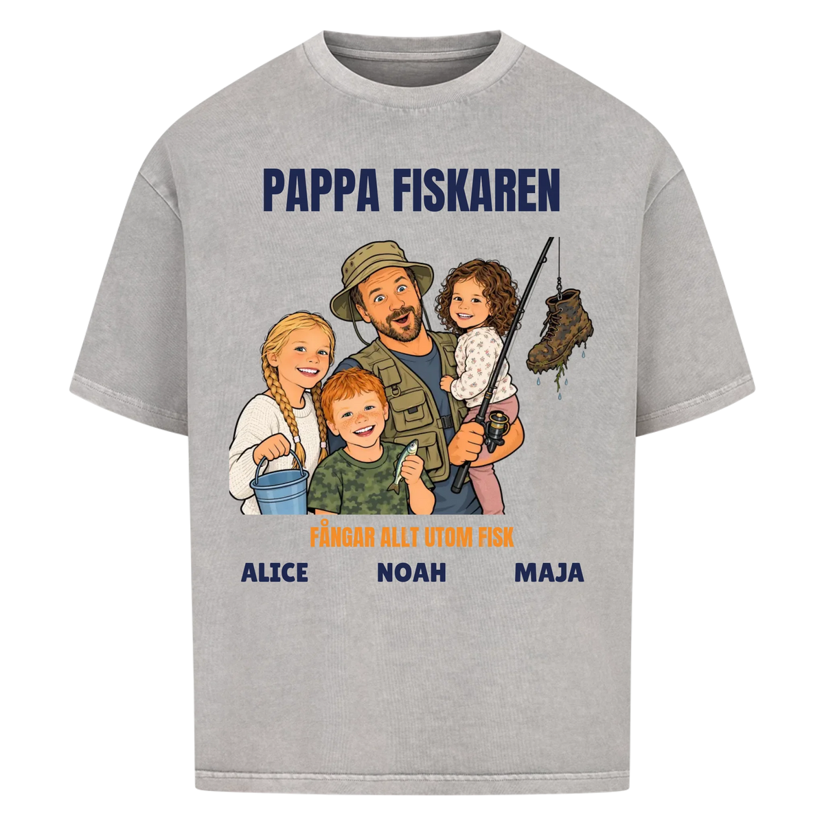 Pappa fiskaren t-shirt med ditt foto som tecknad fiskare och barnens namn. Rolig present till pappa