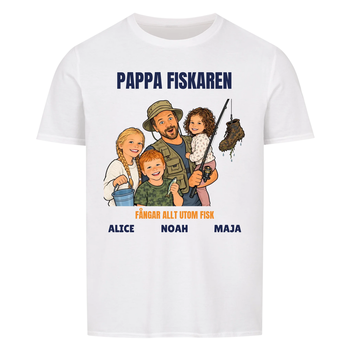 Pappa fiskaren t-shirt med ditt foto som tecknad fiskare och barnens namn. Rolig present till pappa