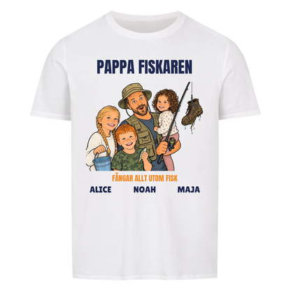 Pappa fiskaren t-shirt med ditt foto som tecknad fiskare och barnens namn. Rolig present till pappa