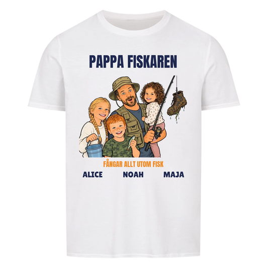 Pappa fiskaren t-shirt med ditt foto som tecknad fiskare och barnens namn. Rolig present till pappa