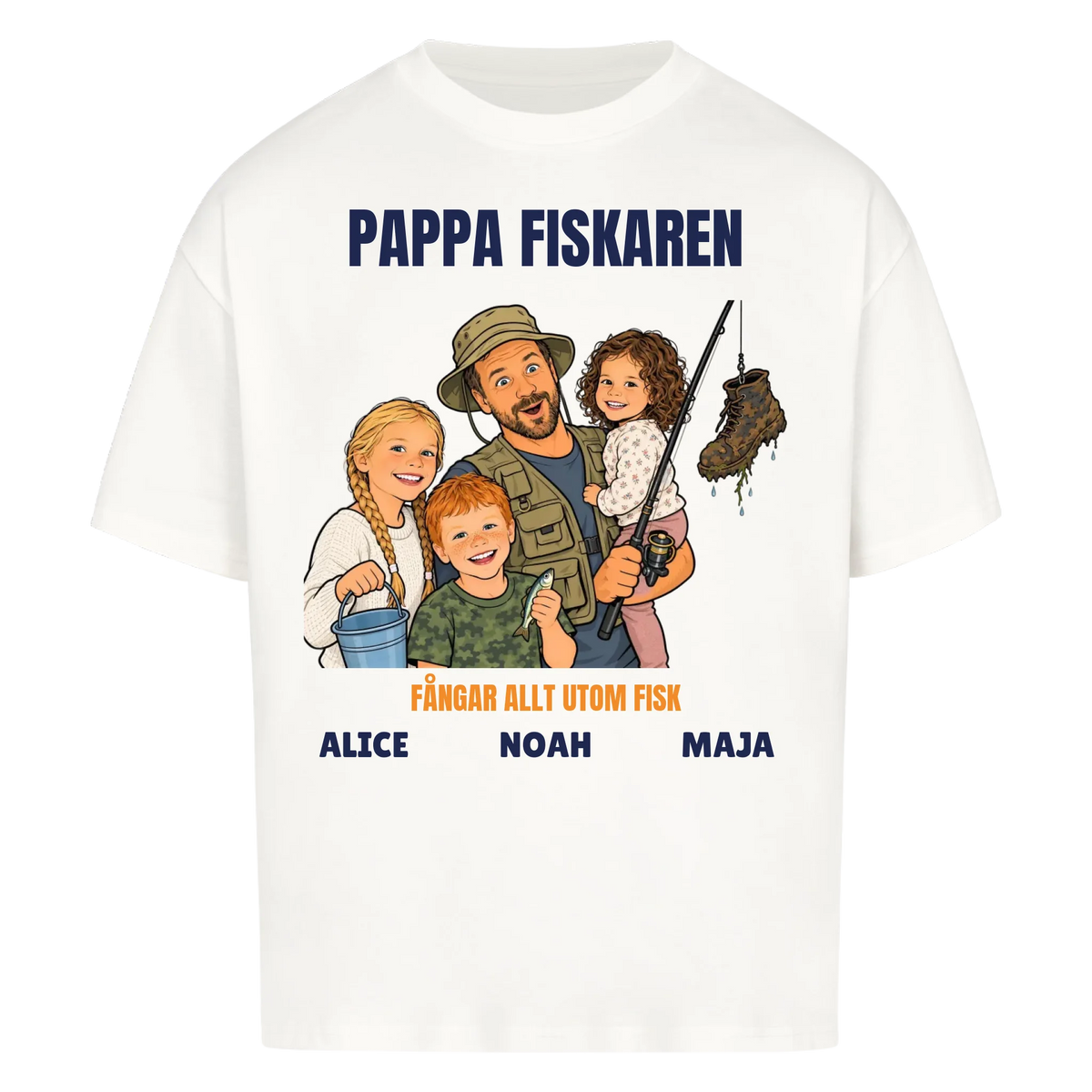 Pappa fiskaren t-shirt med ditt foto som tecknad fiskare och barnens namn. Rolig present till pappa