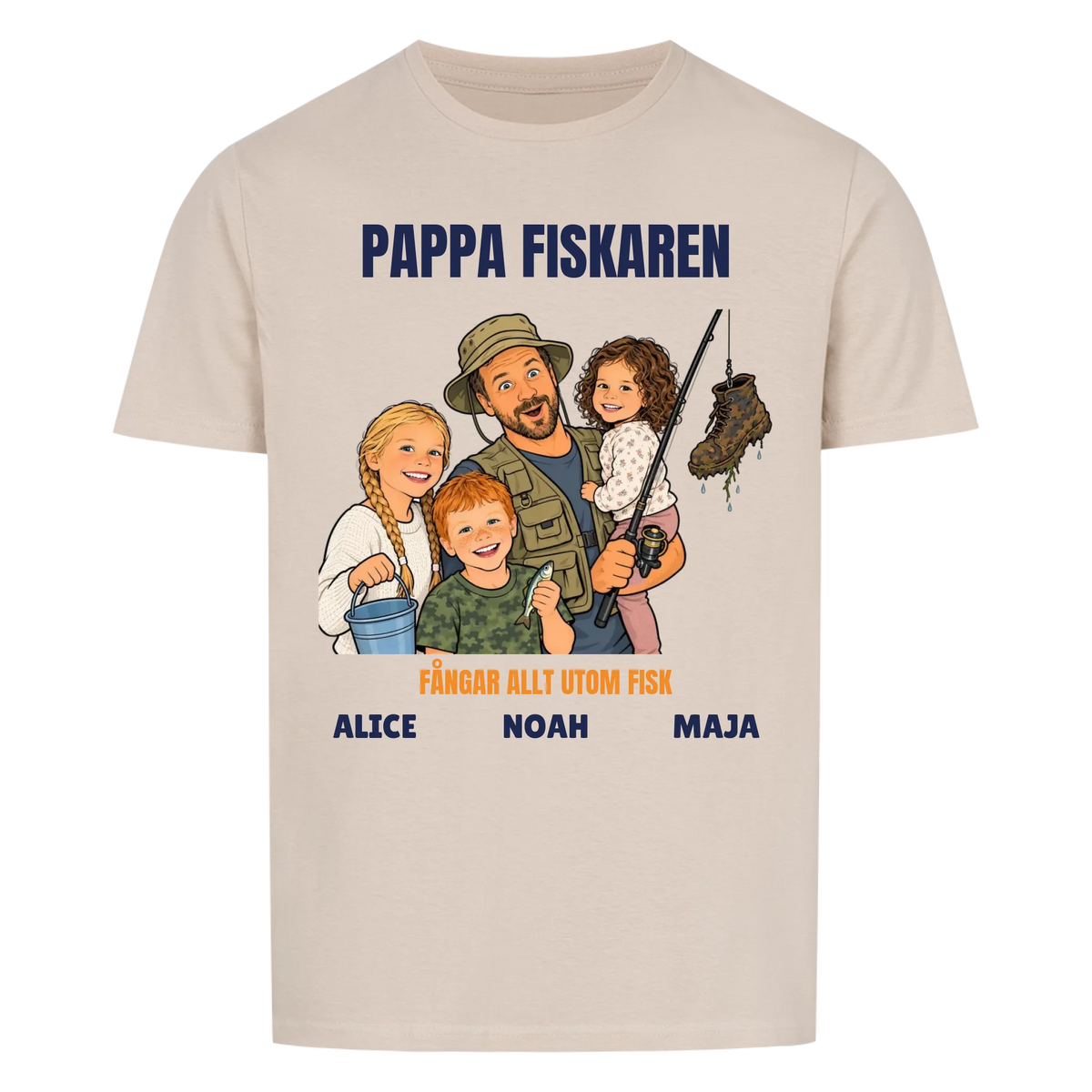 Pappa fiskaren t-shirt med ditt foto som tecknad fiskare och barnens namn. Rolig present till pappa