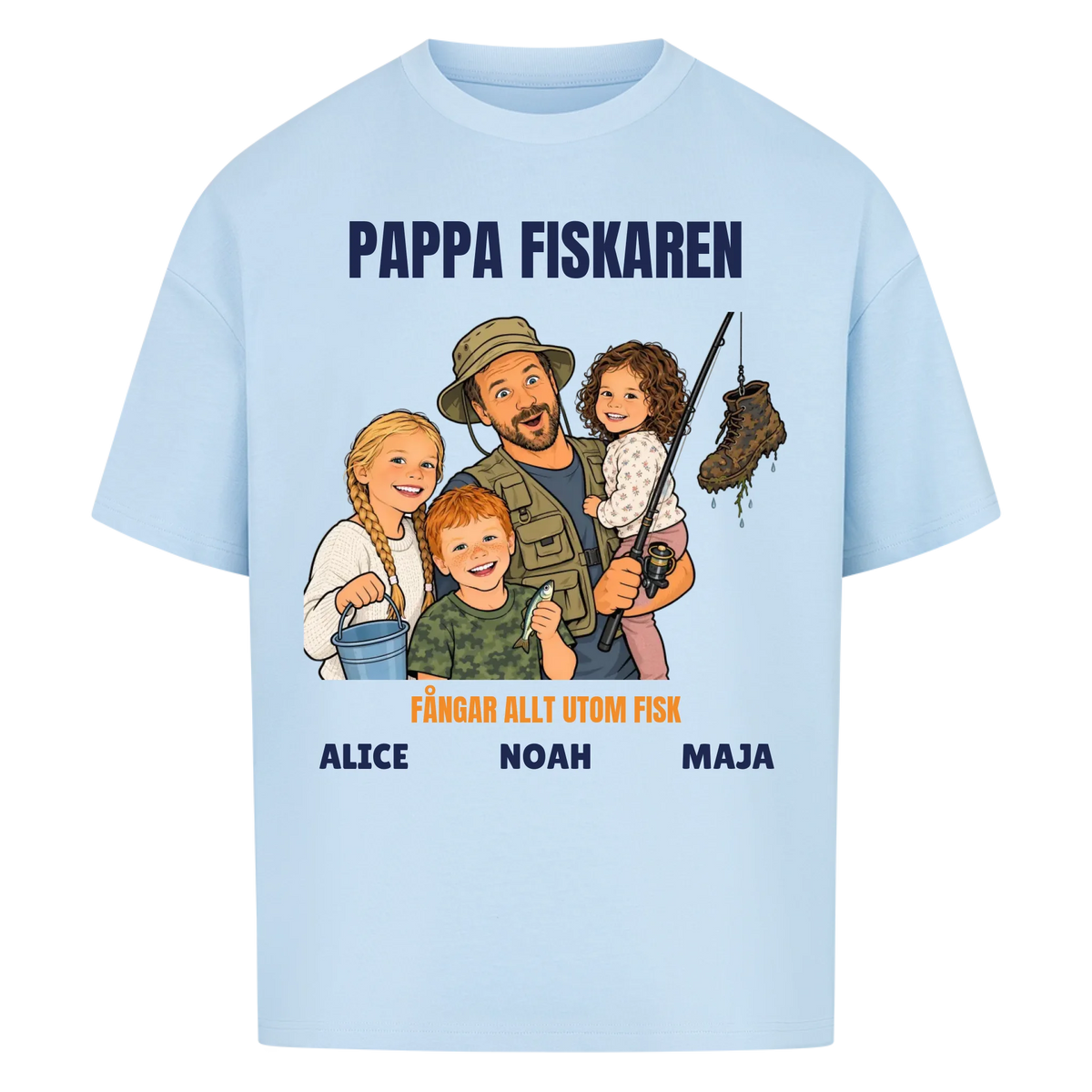 Pappa fiskaren t-shirt med ditt foto som tecknad fiskare och barnens namn. Rolig present till pappa