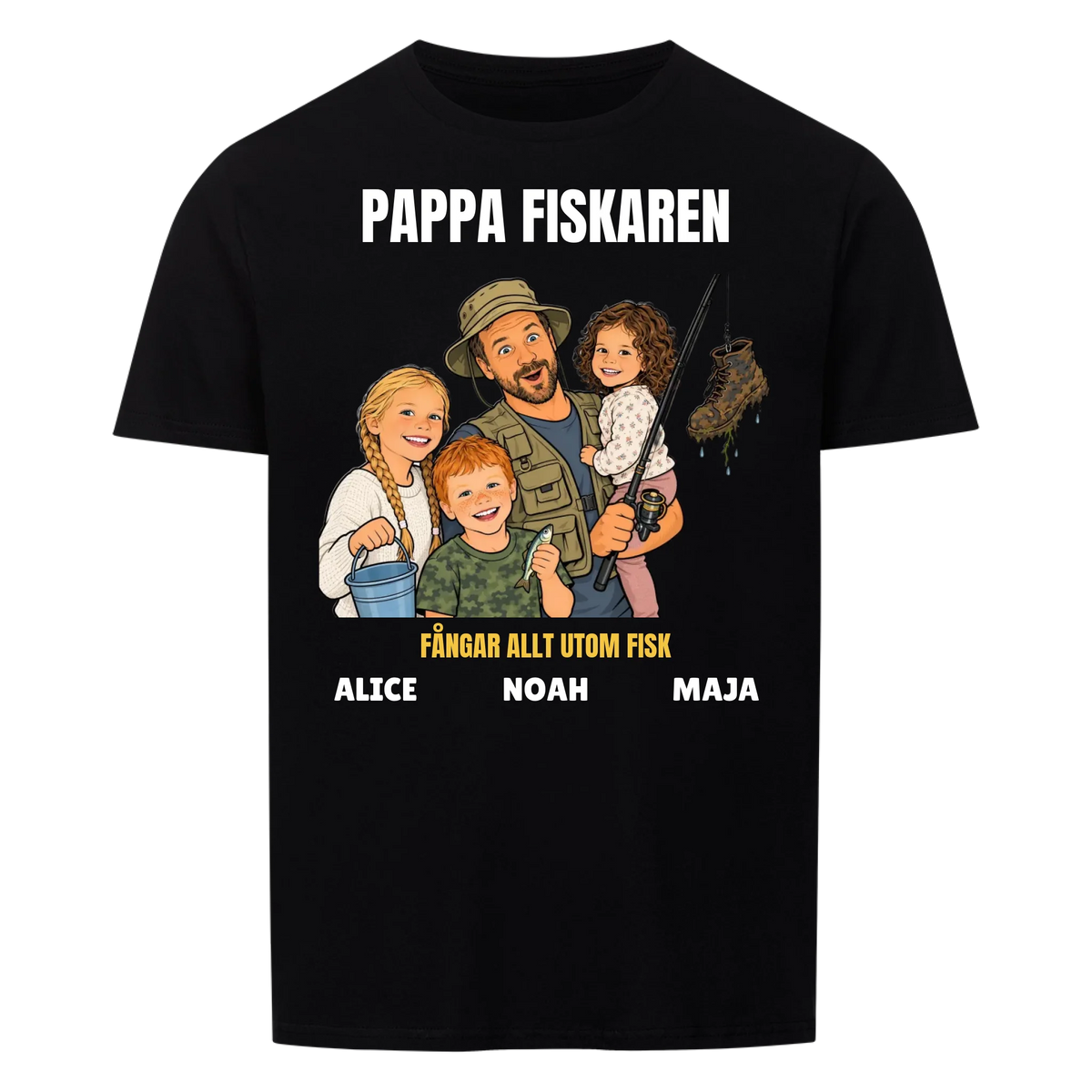 Pappa fiskaren t-shirt med ditt foto som tecknad fiskare och barnens namn. Rolig present till pappa