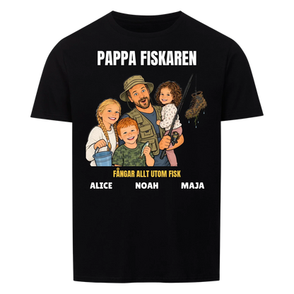 Pappa fiskaren t-shirt med ditt foto som tecknad fiskare och barnens namn. Rolig present till pappa