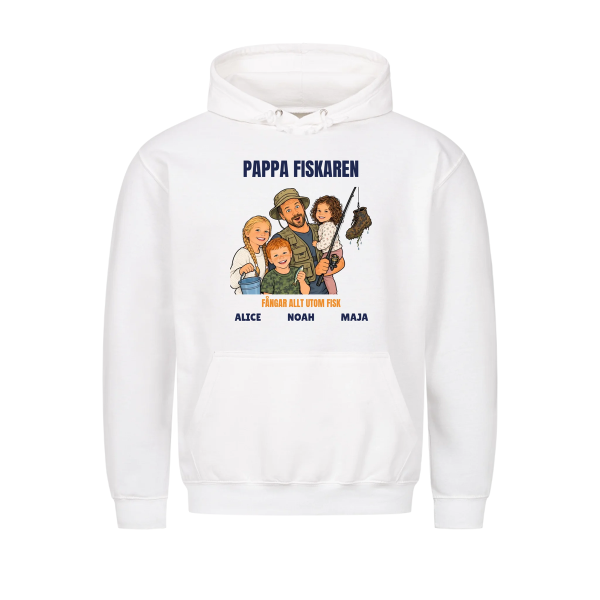 Pappa fiskaren t-shirt med ditt foto som tecknad fiskare och barnens namn. Rolig present till pappa