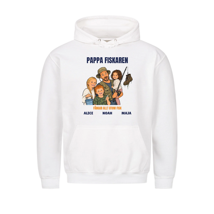 Pappa fiskaren t-shirt med ditt foto som tecknad fiskare och barnens namn. Rolig present till pappa