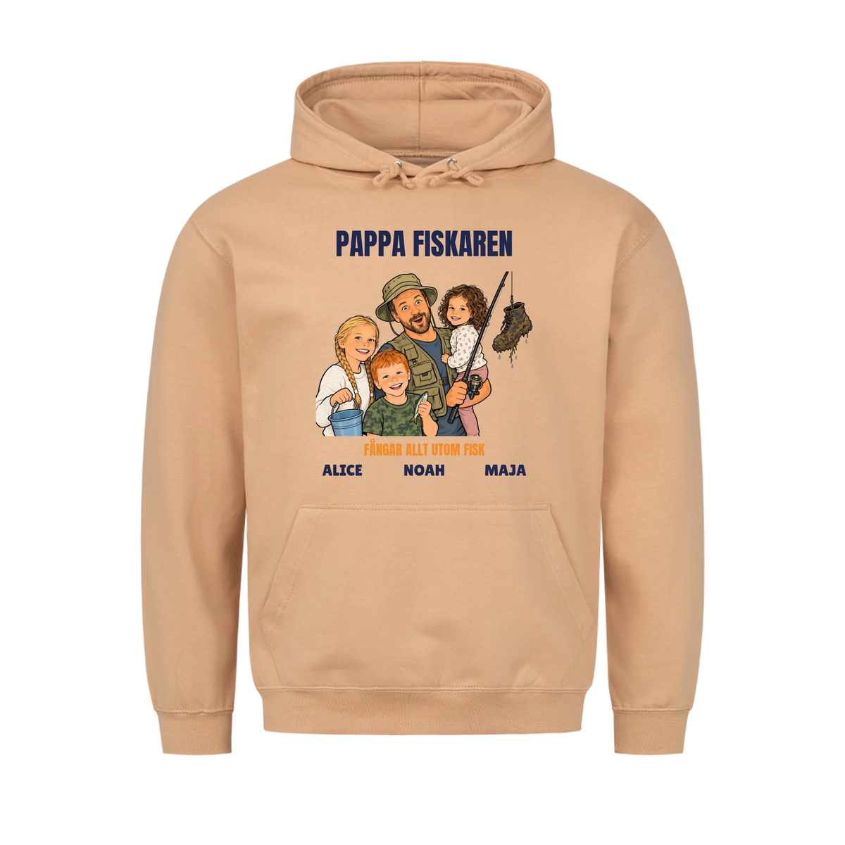 Pappa fiskaren t-shirt med ditt foto som tecknad fiskare och barnens namn. Rolig present till pappa