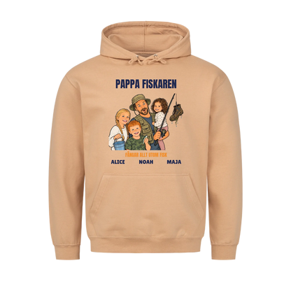 Pappa fiskaren t-shirt med ditt foto som tecknad fiskare och barnens namn. Rolig present till pappa
