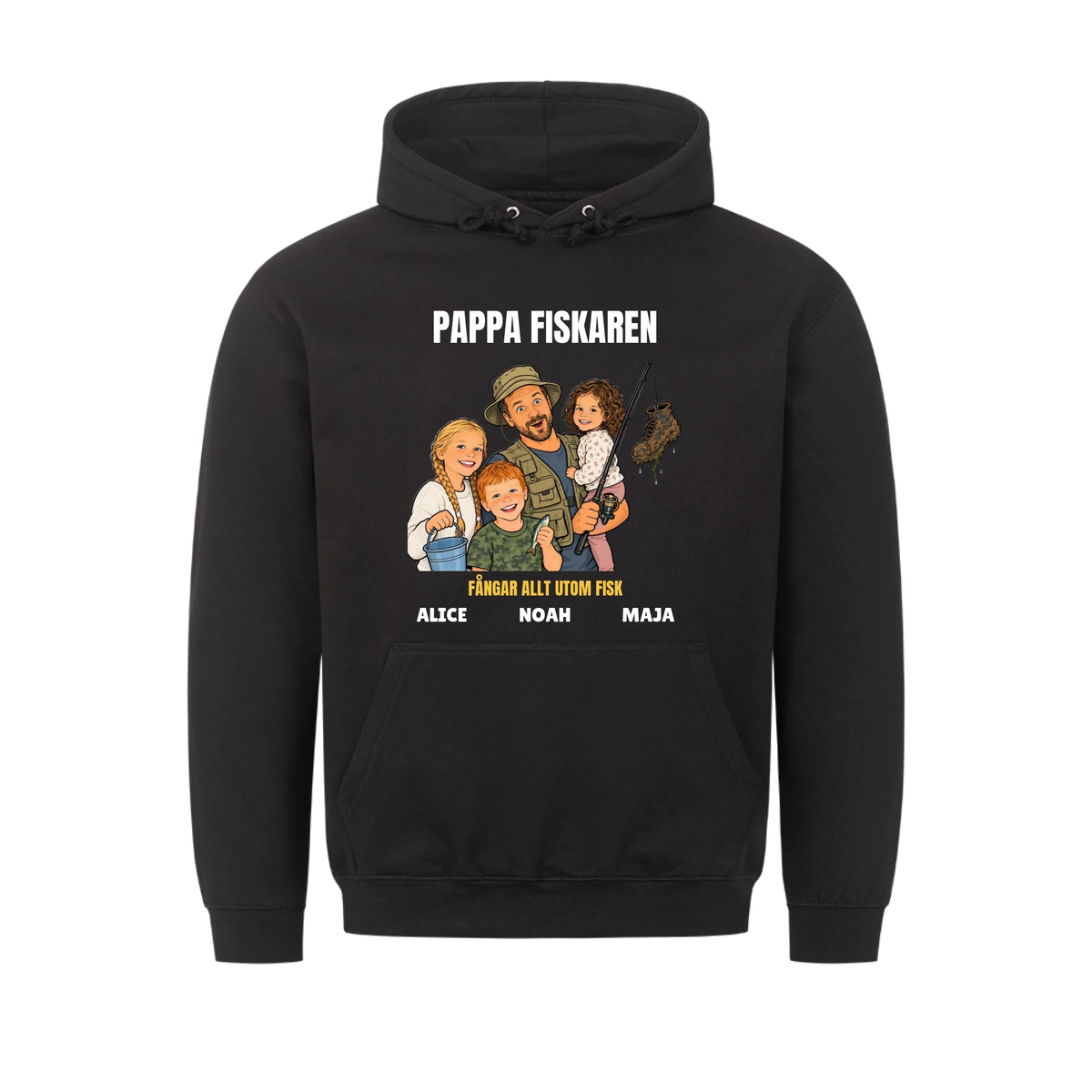 Pappa fiskaren t-shirt med ditt foto som tecknad fiskare och barnens namn. Rolig present till pappa