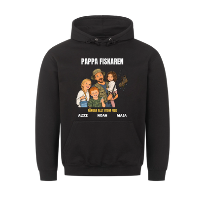 Pappa fiskaren t-shirt med ditt foto som tecknad fiskare och barnens namn. Rolig present till pappa
